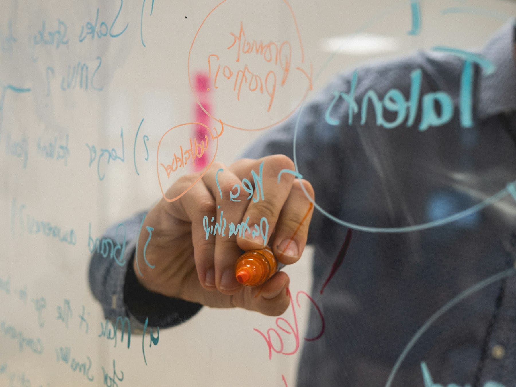 An engineer sketching a system design on a glass whiteboard